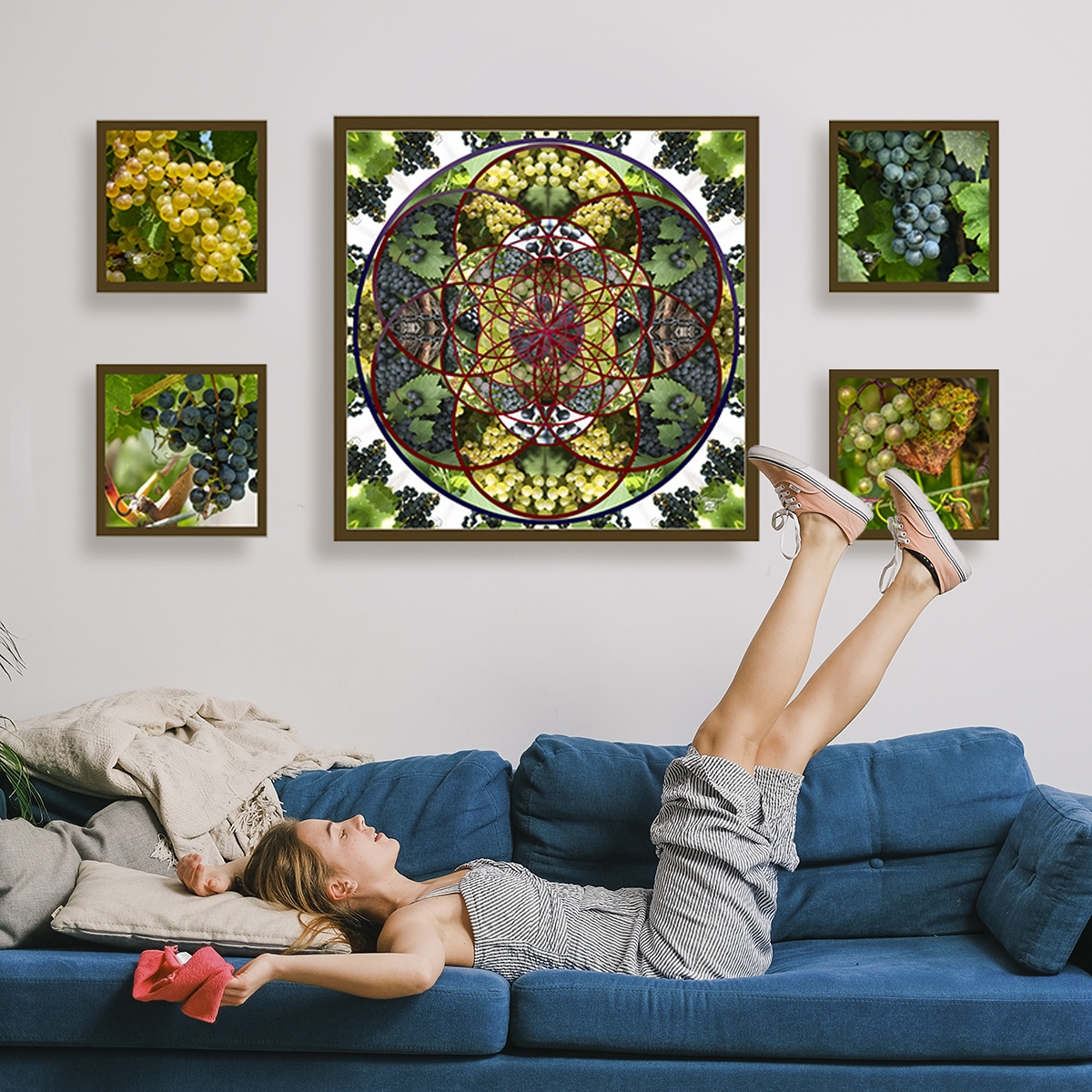 Group of 5 paintings on the wall over couch